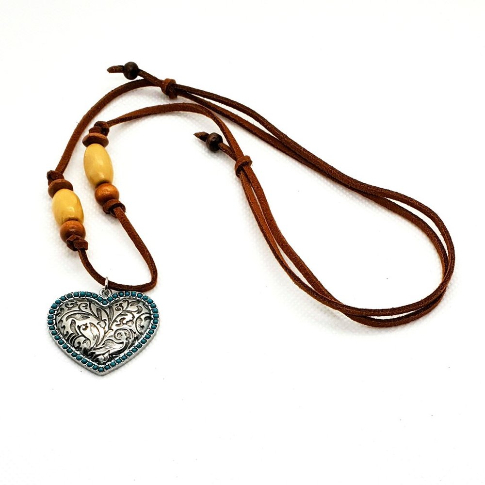 Brown Leather Lace Boho Heart Necklace
